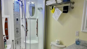 A modern bathroom with a glass-enclosed shower, a toilet, and a sink. - Captain Quarter's Studio near Bishop's Beach - Pet friendly Studio (Homer)