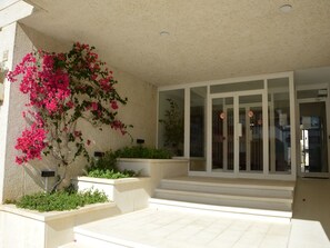 A building entrance with a glass door, a concrete planter with greenery, and a pink flowering plant.