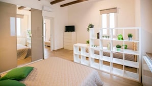 Un dormitori amb un llit, una estanteria blanca amb plantes, una televisió i una finestra.