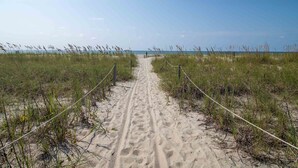 Ein Sandweg am Strand, gesäumt von Gras, der zum Meer führt.