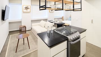 Full-sized fridge, microwave, oven, toaster