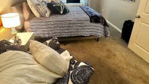 A bedroom with a bed, a ceiling fan, a TV, and a painting on the wall. - A Peaceful Family Friendly Home in Sarasota Fla, Legacy Trail/Pinecraft (Sarasota)