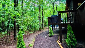A forested area with a wooden deck leading to a building.