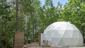 A geodesic dome structure with a wooden shed nearby, set in a forested area.