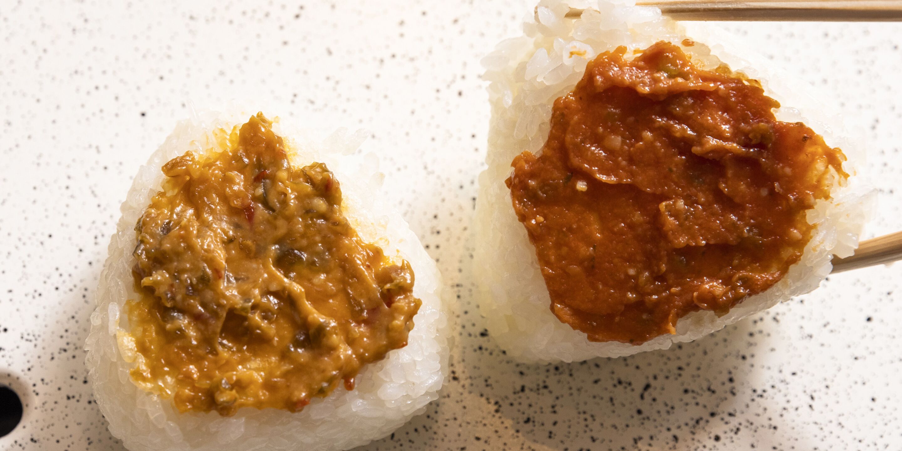 Two rice balls with different sauces.