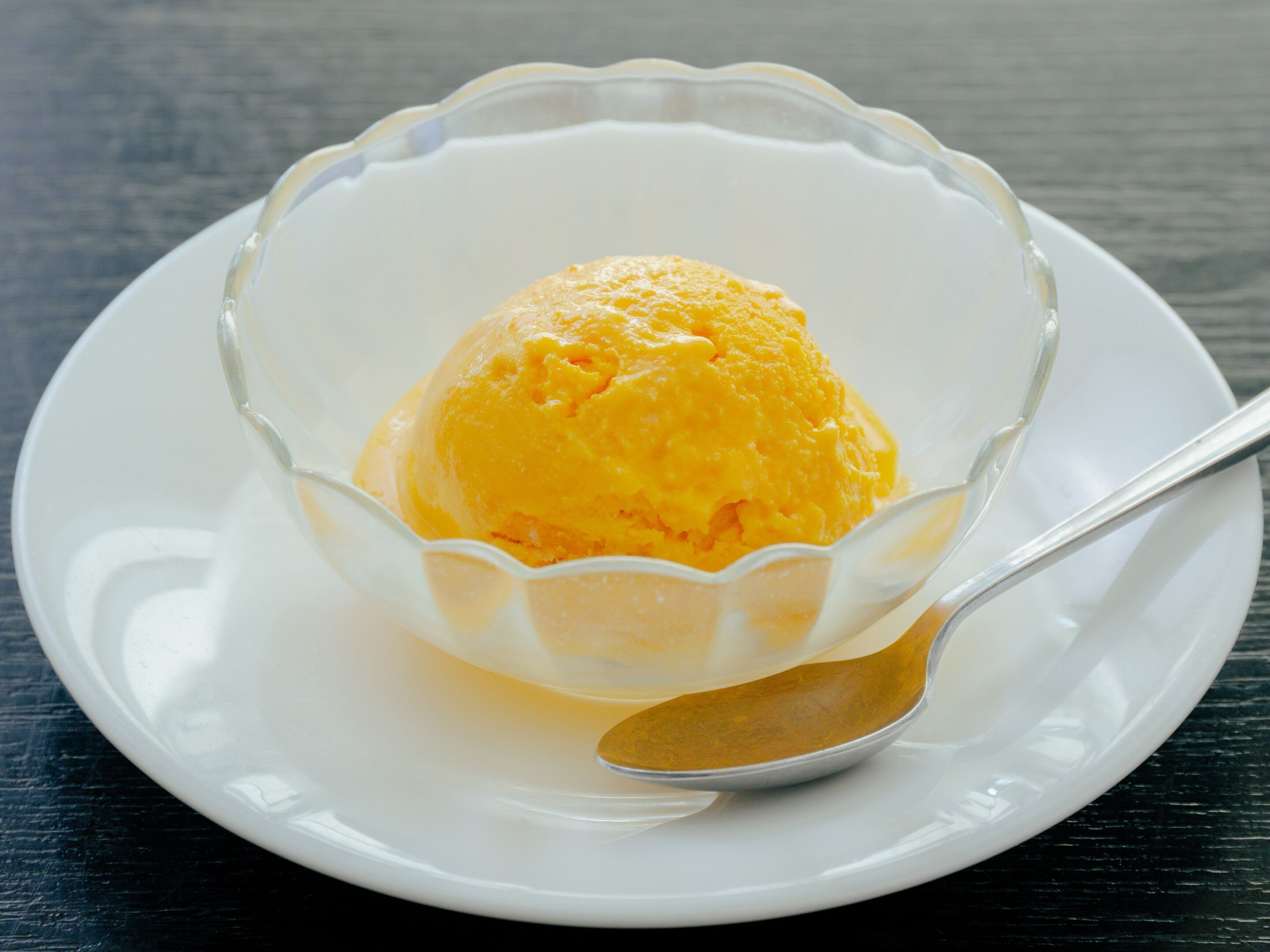 A bowl of yellow ice cream on a white plate with a spoon.
