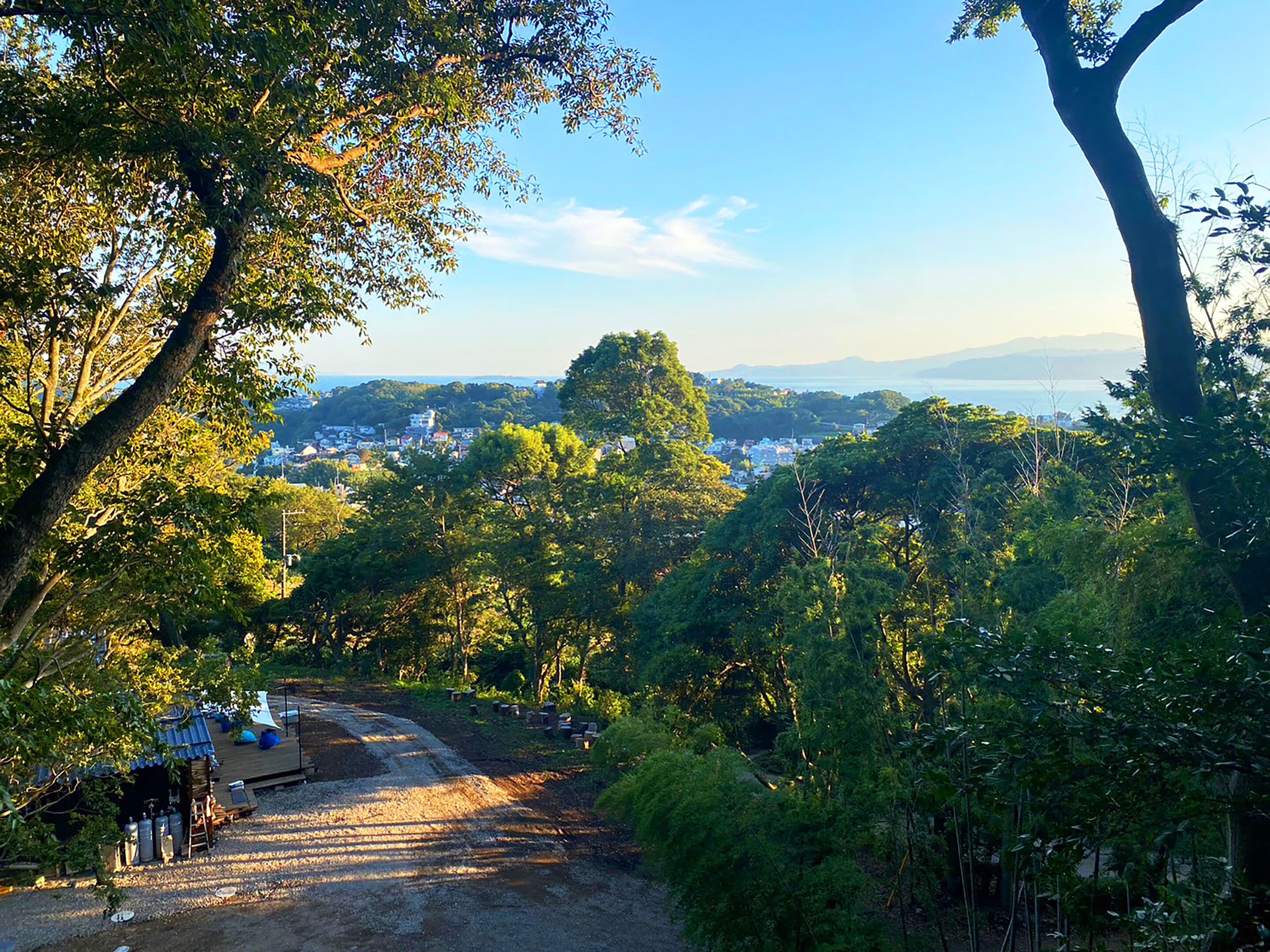 A dirt path leading through a wooded area with a view of a town in the distance.