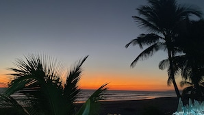 A beach scene with palm trees and a sunset.