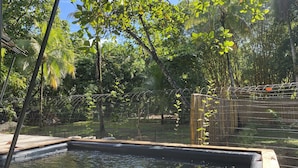 Una terraza de madera con una piscina rectangular, rodeada por una valla de bambú y abundante vegetación.