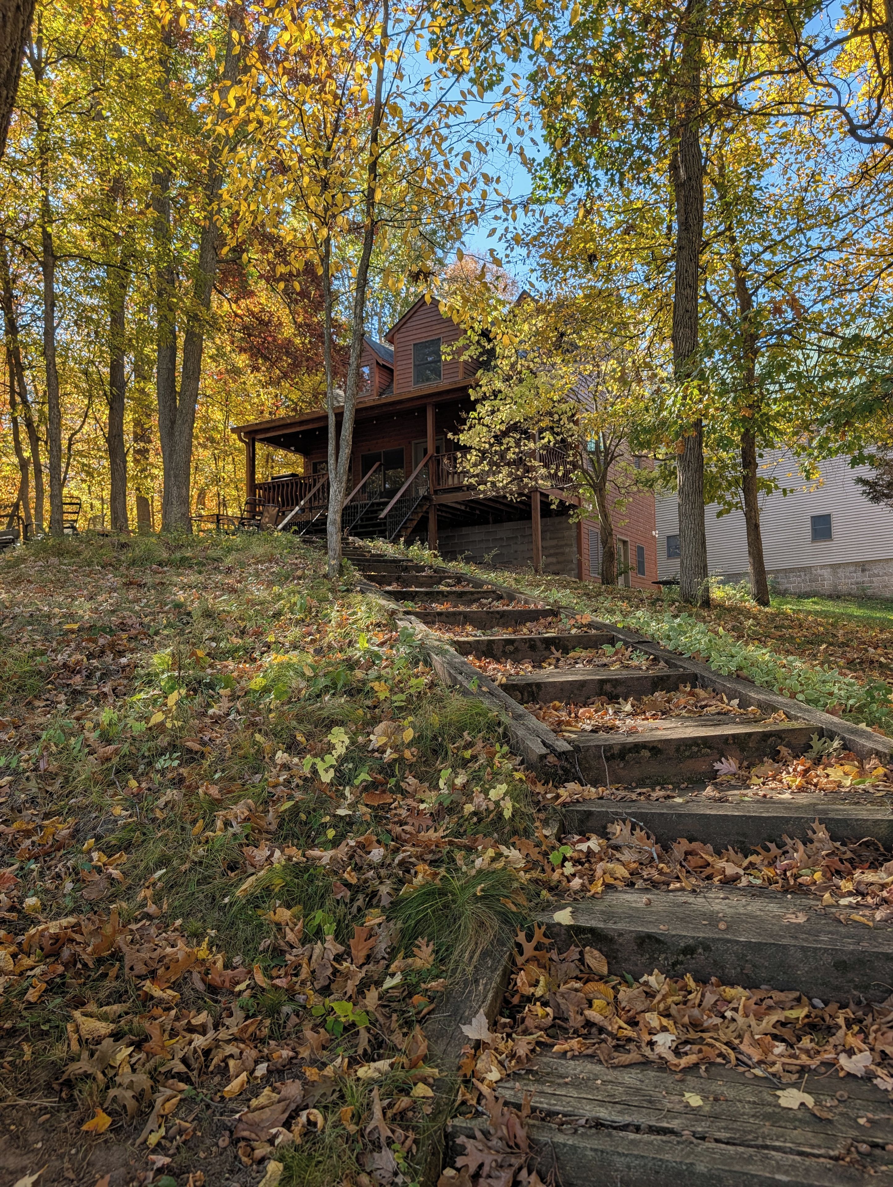 Een rustieke blokhut met een houten trap naar een veranda, omringd door bomen met herfstkleuren.