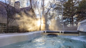 Ein Whirlpool, umgeben von Bäumen und einer Steinmauer.