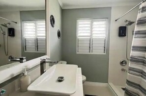 Ein Badezimmer mit einem weißen Waschbecken, einem Spiegel, einer Toilette und einer Duschkabine.
