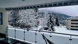Parveke, josta avautuu näkymä lumipeitteisiin puihin ja taustalla kohoavaan vuoreen.