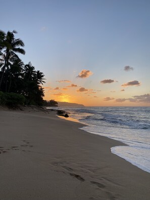 On the beach, sun-loungers, beach towels