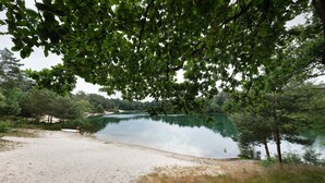 A natural landscape with a sandy beach, calm water, and dense green foliage. - Holiday Home 'Ferienhaus Am Brandorffsee' with Lake View, Private Terrace & Garden (Wiefelstede)