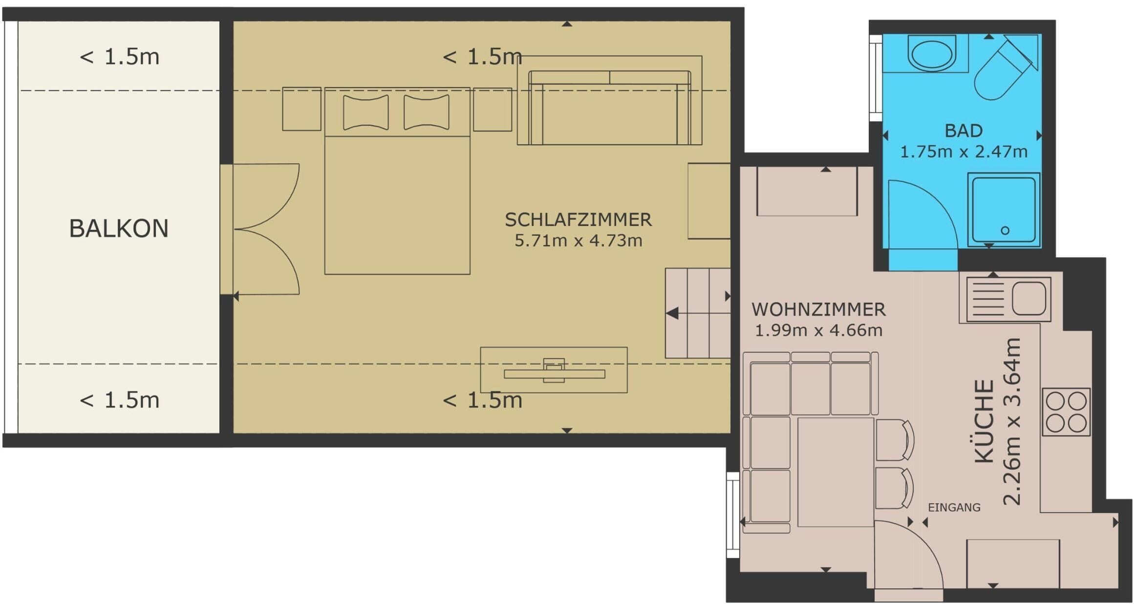 A floor plan with a balcony, a living room, a kitchen, and a bathroom.