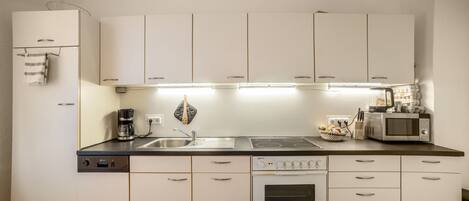 Frigorífico, microondas, horno y placa de cocina