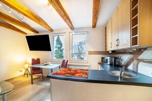 Fridge, microwave, oven, stovetop - Apartment 'Im Harzer Vogelnest Meisennest' with Mountain View (Bad Harzburg)