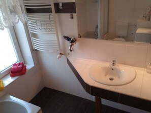 Shower, hair dryer, towels