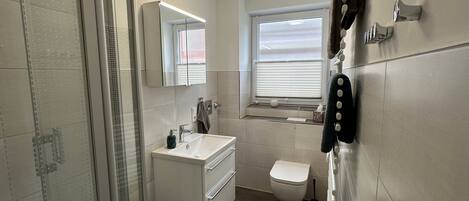Shower, hair dryer, towels