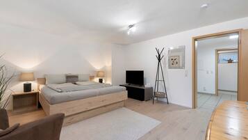 A modern bedroom with a bed, bedside tables, a TV, a mirror, and a wooden floor.