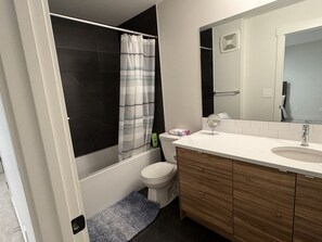 Combined shower/tub, hair dryer, bidet, towels