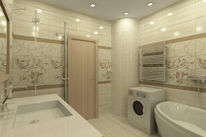 Secadora de cabello, toallas, jabón, papel de baño 