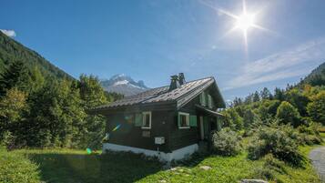 Une cabane en bois, dotée d’un toit en pente, entourée d’une végétation luxuriante et avec des montagnes en arrière-plan.