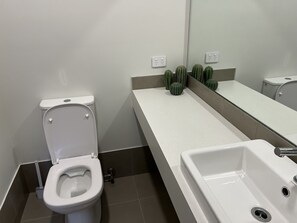 Een douche, een haardroger, handdoeken, zeep