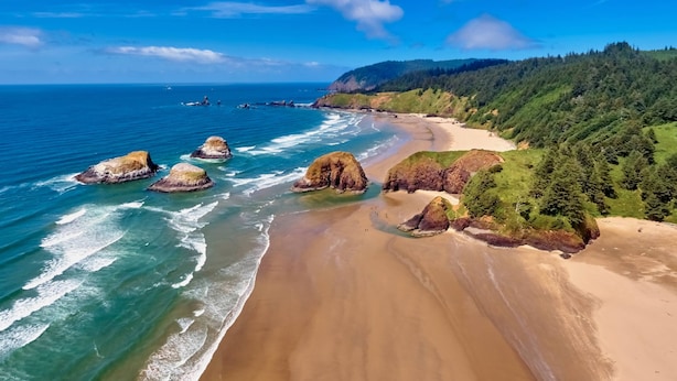 A coastal landscape with a sandy beach, rocky outcrops, and a forested hillside. - Fantastic Rockaway Family Escape – Close to Beach with BBQ (Rockaway Beach)