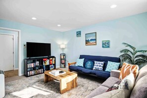 TV connectée, cheminée, lecteur de DVD, livres