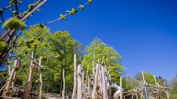 An outdoor sculpture garden with various abstract structures and trees in the background.