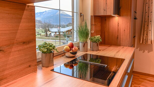 A modern kitchen with a wooden countertop, a glass cooktop, and potted plants.