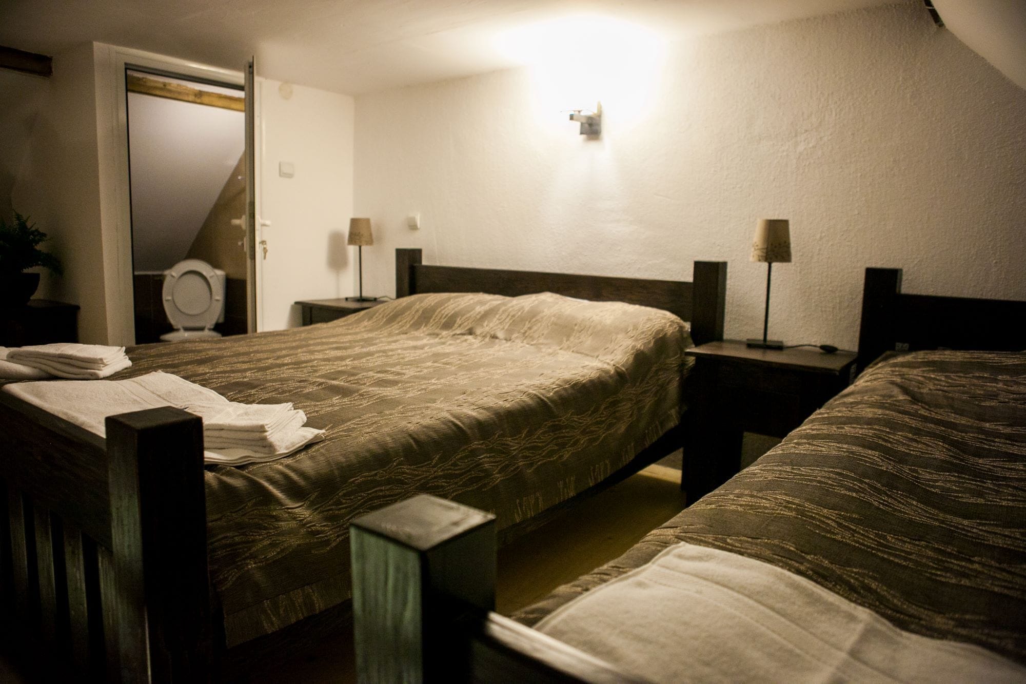 A bedroom with two beds, a bedside table, a lamp, a mirror, and a door.