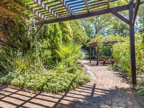 A garden pathway with a pergola structure, surrounded by lush greenery and a wooden bench. - Leafy haven over King`s Park (Shenton Park)