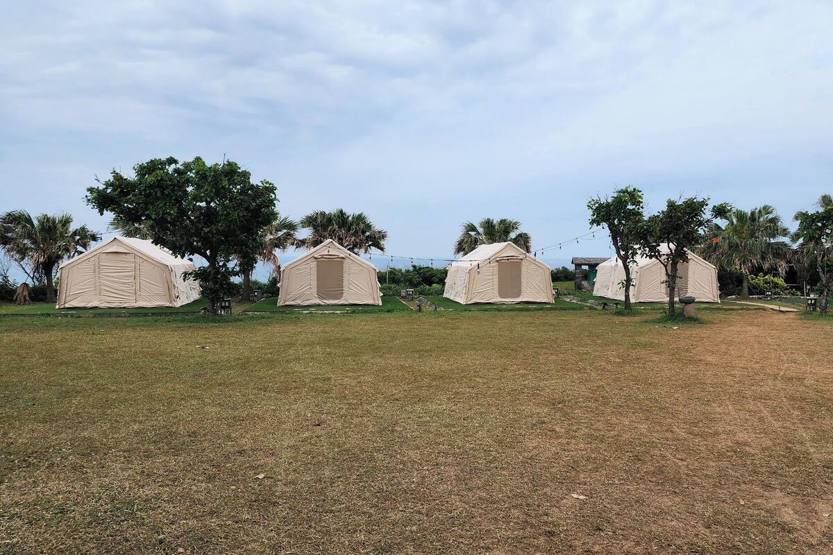 Three beige tents in a grassy field with trees and a clear sky.