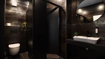 A modern bathroom with a toilet, a sink, and a mirror.