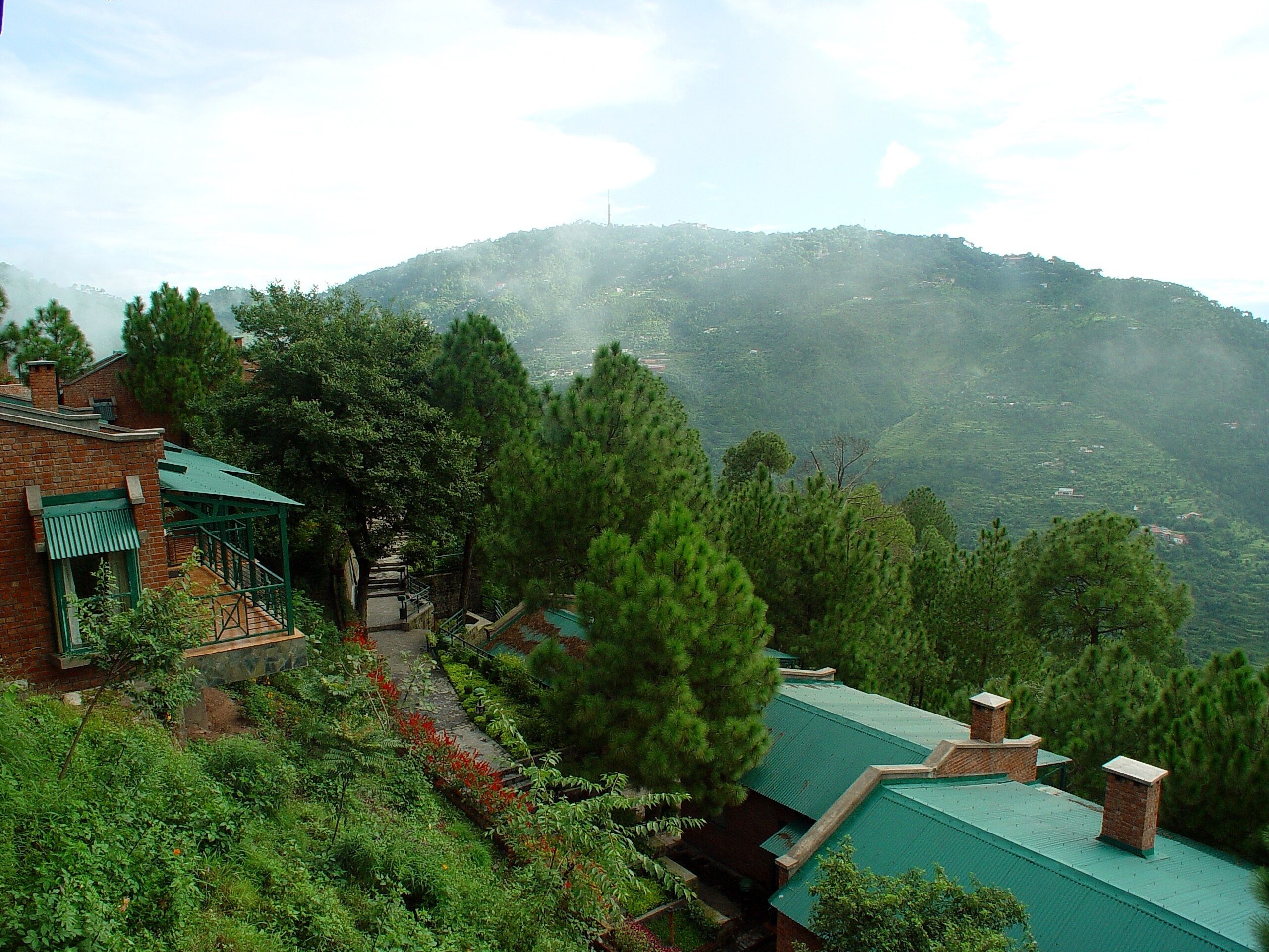 A hillside view with a building featuring a green roof and brick chimneys.