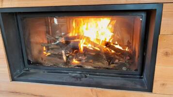 Ein Kamin mit sichtbaren Holzscheiten und Flammen.