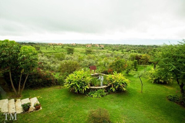 A lush garden with a pond, surrounded by dense greenery and a distant view of a village.