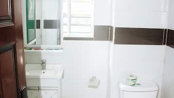 A bathroom with a toilet, sink, and mirror.