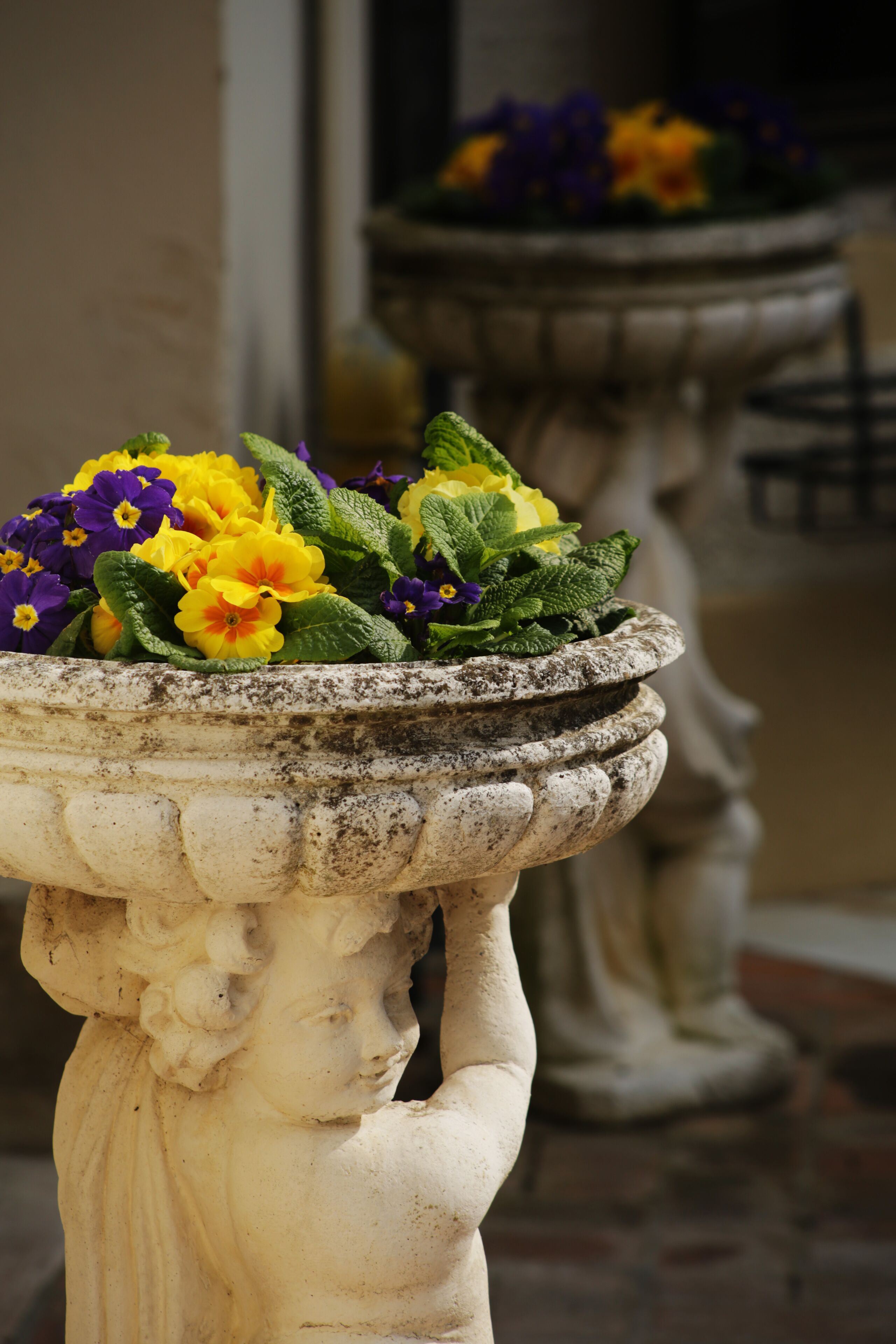 Una fuente de piedra con flores y el pedestal de una estatua.