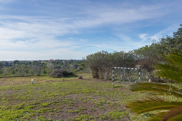 Un campo cubierto de hierba con un arco de fútbol y una estructura pequeña al fondo.