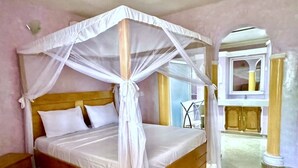 A bed with a canopy, wooden headboard, and white bedding in a room with pink walls and a tiled floor. - Bookwithclass-luxury Stay Pool Villa am Meer (Saly Portudal)