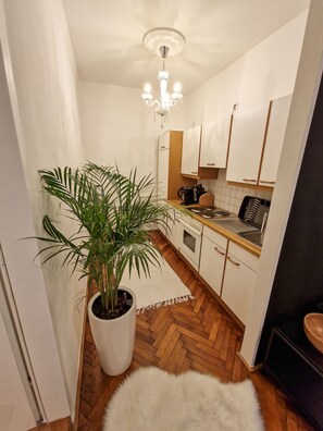 Fridge, oven, coffee/tea maker, electric kettle