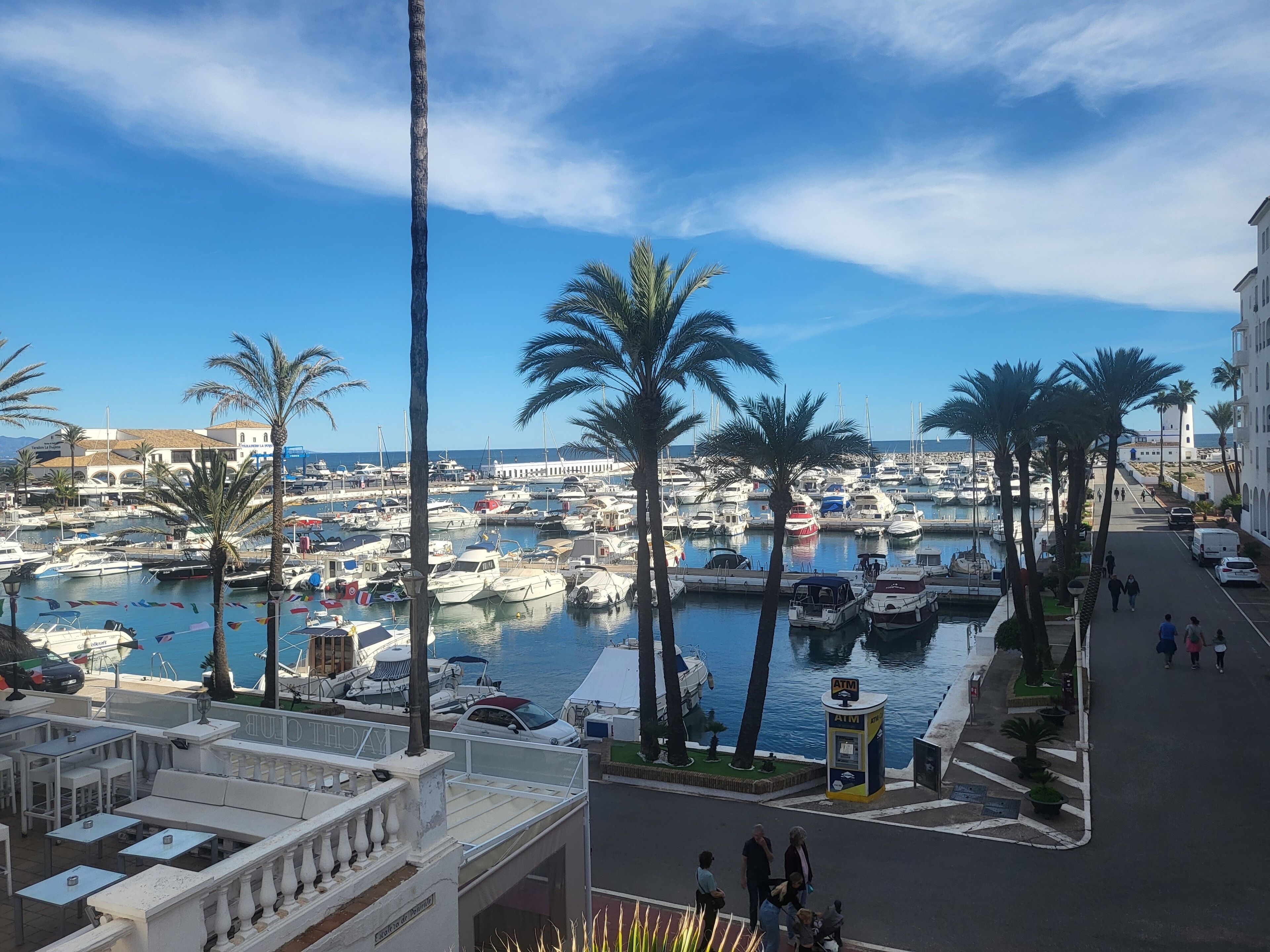 A marina with boats, palm trees, and a street with people walking.