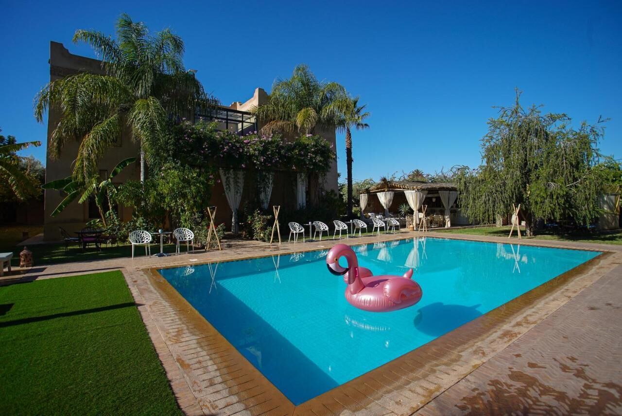 A swimming pool with a pink flamingo float, surrounded by palm trees and outdoor seating.