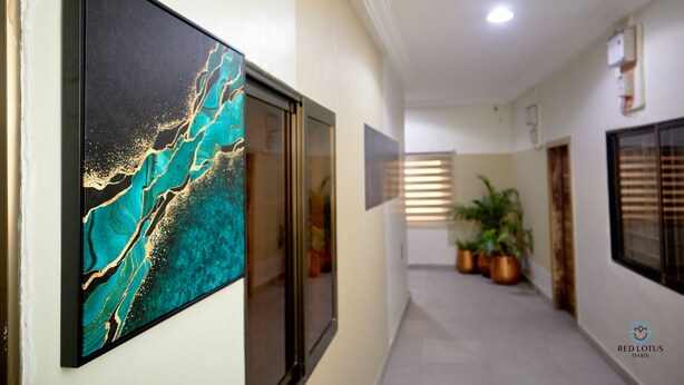 A hallway with a framed artwork, potted plants, and a ceiling light. - Red Lotus Oasis (Accra)