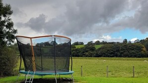 Un trampolín en un campo cubierto de hierba bajo un cielo nublado.