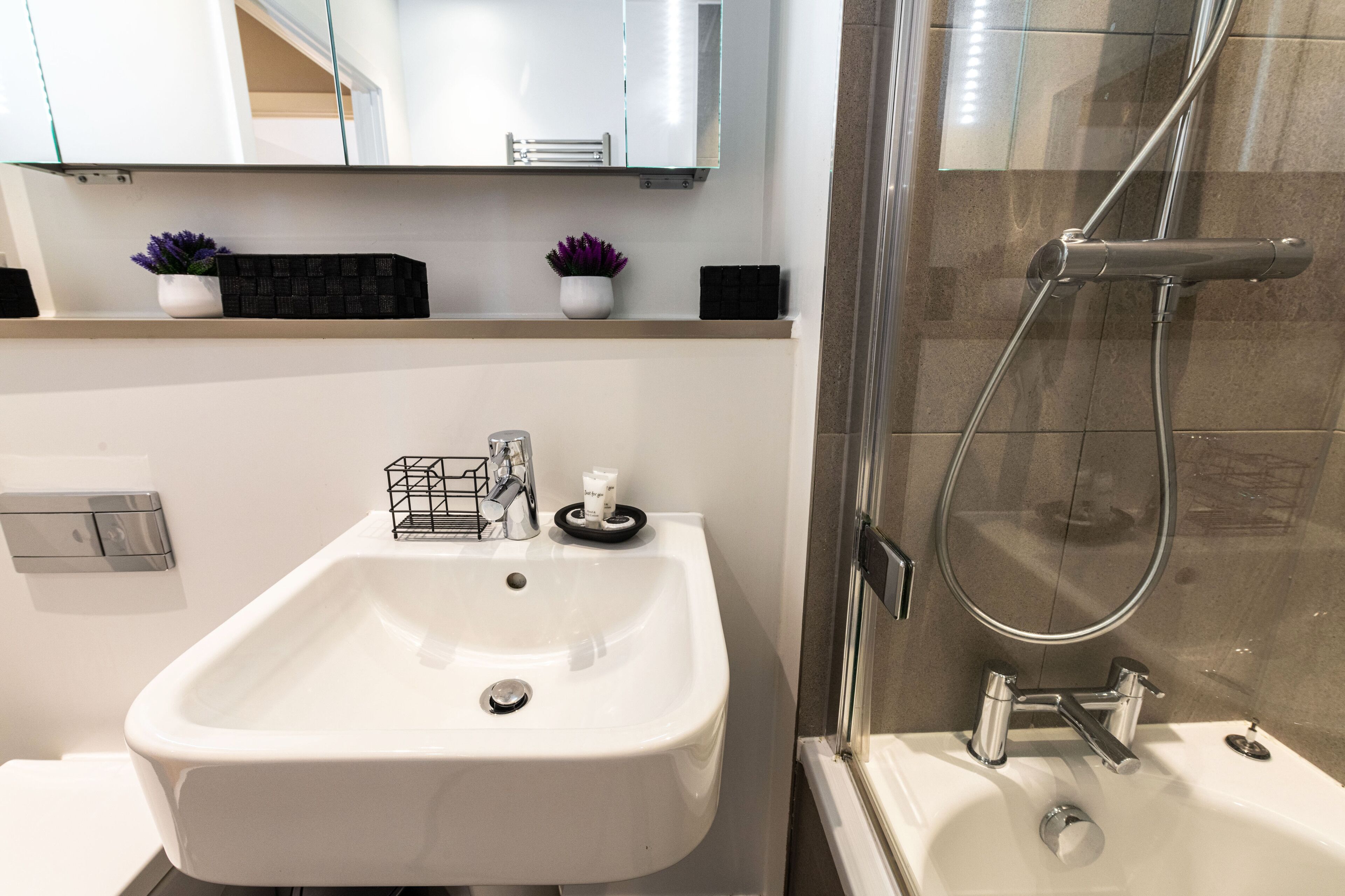 A bathroom with a white sink, a mirror above it, and a shower area to the right.
